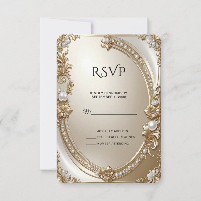 Golden Ornate Frame with Pearls RSVP Card OSA Kort (Framsida)