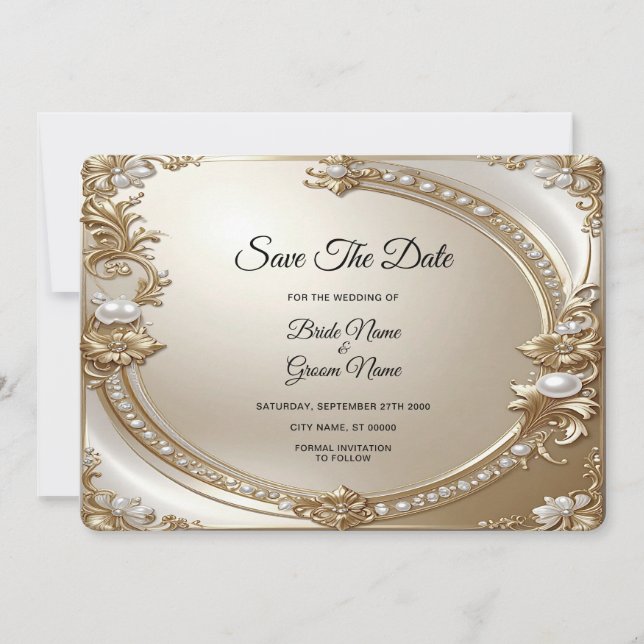 Golden Ornate Frame with Pearls Save The Date Spara Datumet (Framsida)