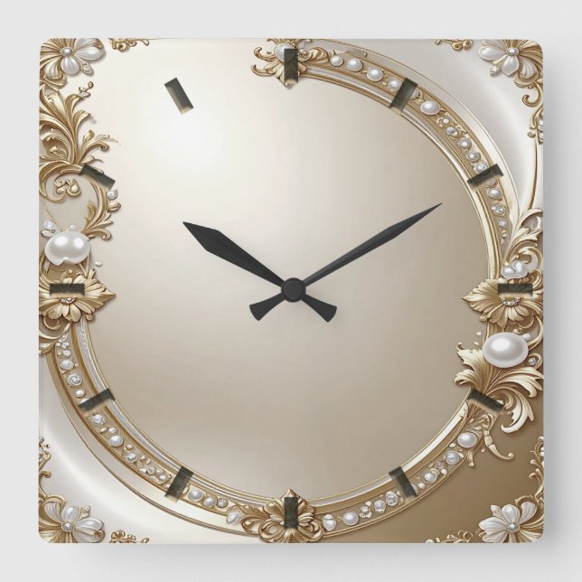 Golden Ornate Frame with Pearls Wall Clock Fyrkantig Klocka (Framsida)