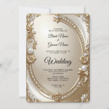 Golden Ornate Frame with Pearls Wedding Invitation