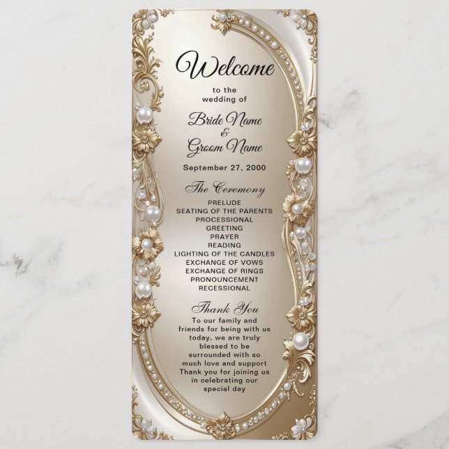 Golden Ornate Frame with Pearls Wedding Program (Framsida)
