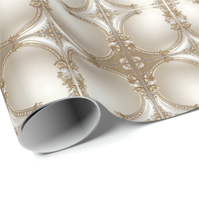 Golden Ornate Frame with Pearls Wrapping Paper Presentpapper (Rullad Hörn)