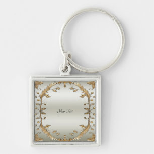 Golden Ornate Keychain Fyrkantig Silverfärgad Nyckelring