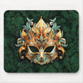 Golden Ornate Mask on Forest Green Background Musmatta