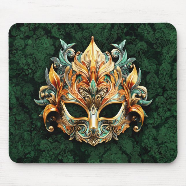 Golden Ornate Mask on Forest Green Background Musmatta (Framsidan)