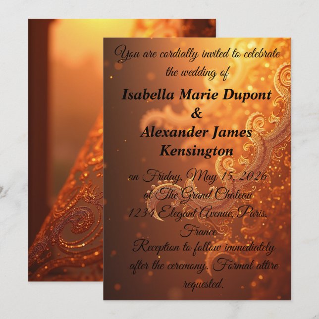 Golden Ornate Radiance: Abstrakt Etheral Swirls Inbjudningar (Fram/baksida)