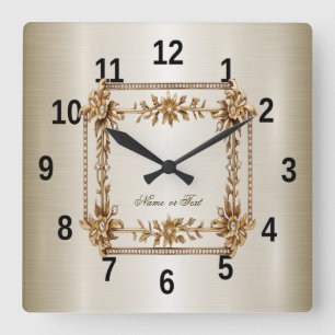 Golden Ornate Rectangle Dimond Flowers Shiny Fyrkantig Klocka