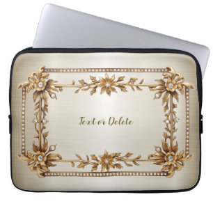 Golden Ornate Rectangle Dimond Flowers Shiny Laptop Fodral