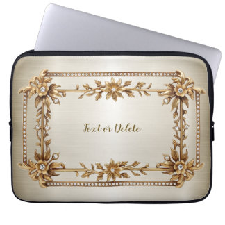Golden Ornate Rectangle Dimond Flowers Shiny Laptop Fodral