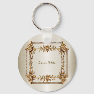 Golden Ornate Rectangle Dimond Flowers Shiny Nyckelring