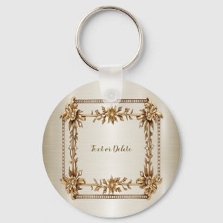 Golden Ornate Rectangle Dimond Flowers Shiny Nyckelring
