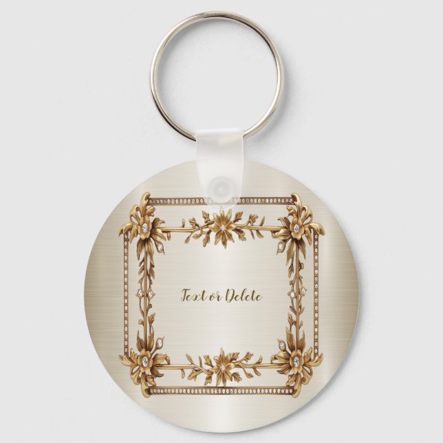 Golden Ornate Rectangle Dimond Flowers Shiny Nyckelring (Framsida)