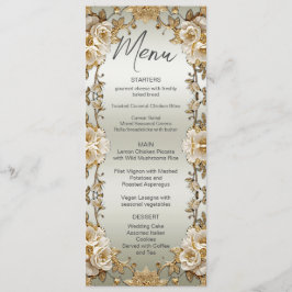 Golden Ornate White Flowers Bröllop Menu Meny