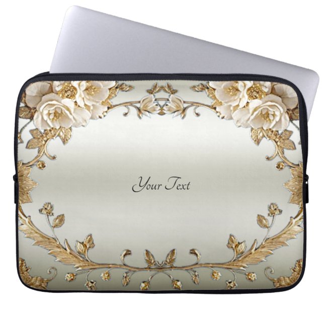 Golden Ornate White Flowers Laptop sleeve (Framsidan)