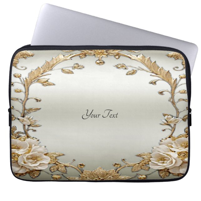 Golden Ornate White Flowers Laptop sleeve (Framsidan)