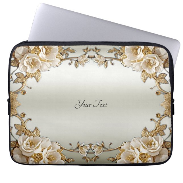 Golden Ornate White Flowers Laptop sleeve (Framsidan)