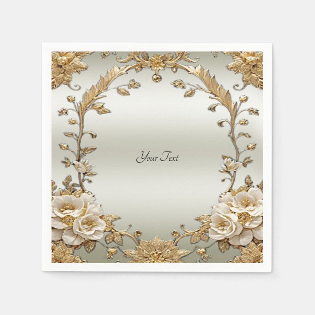 Golden Ornate White Flowers Napkins Pappersservett (Framsidan)