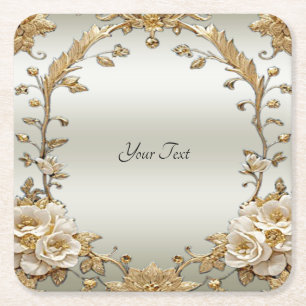 Golden Ornate White Flowers Papper Underlägg Kvadrat
