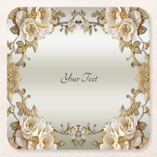 Golden Ornate White Flowers Papper Underlägg Kvadrat