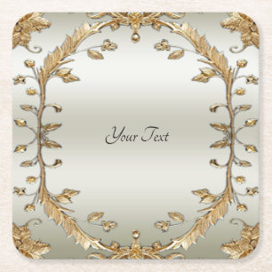 Golden Ornate White Flowers Papper Underlägg Kvadrat