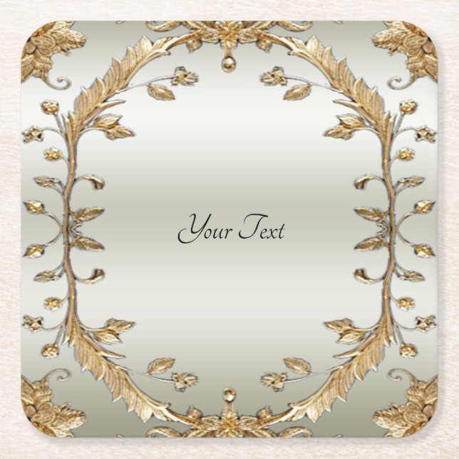 Golden Ornate White Flowers Papper Underlägg Kvadrat (Framsidan)