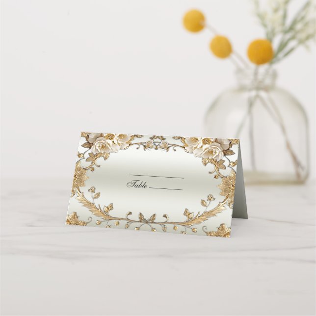 Golden Ornate White Flowers Place Card Placeringskort (Framsida)