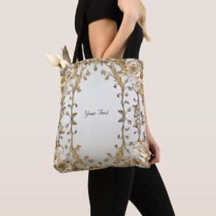 Golden Ornate White Flowers Tote Bag Tygkasse