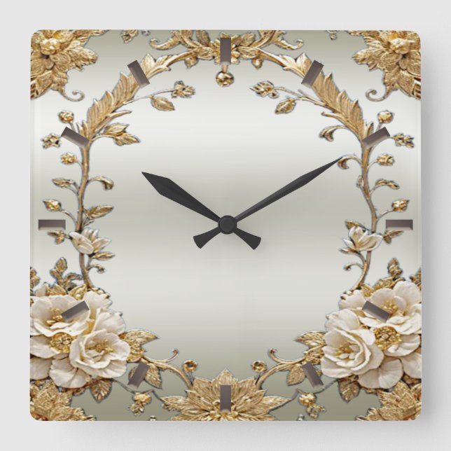 Golden Ornate White Flowers Wall Clock Fyrkantig Klocka (Framsida)