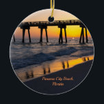 Golden Panama City Beach Sunset Reflection Julgransprydnad Keramik<br><div class="desc">Ornament souvenir med ett dramatiskt vackert golden sunset bredvid M.B. Miller County Pier i Panama City Beach, Florida. I kärlek reflekterar den gyllene piren längs kusten när vågarna kommer tillbaka in i Mexikos Bukt. Tittar du fler utskrifter eller produkter? Besök gärna min butik: http://www.zazzle.com/timelessmomentsphtgy. Det här fotot togs av Jennifer...</div>