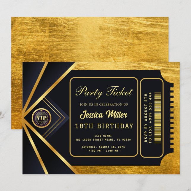 Golden Party Ticket Invitation Inbjudningar (Fram/baksida)
