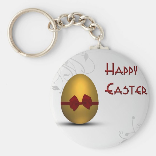 Golden Påskägg med Bow Blommigt Swirl Mönster Nyckelring (Framsidan)
