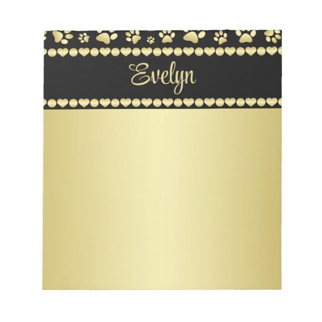 Golden Paw Prints on Black with Custom Name Anteckningsblock (Framsida)