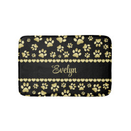 Golden Paw Prints on Black with Custom Name Badrumsmatta