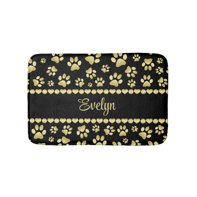 Golden Paw Prints on Black with Custom Name Badrumsmatta (Framsidan)