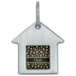 Golden Paw Prints on Black with Custom Name ID-bricka Husdjur