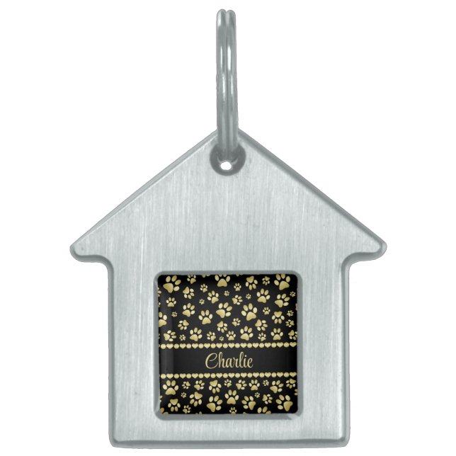Golden Paw Prints on Black with Custom Name ID-bricka Husdjur (Framsidan)