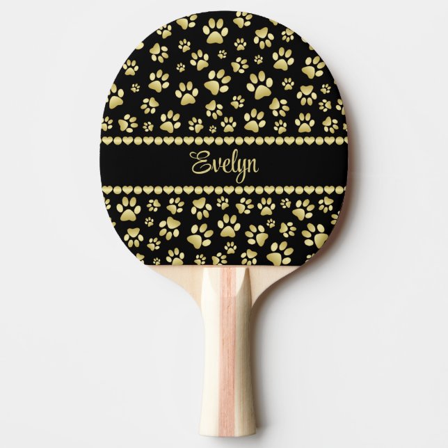 Golden Paw Prints on Black with Custom Name Pingisracket (Framsidan)