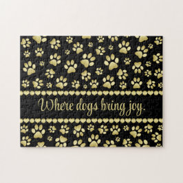 Golden Paw Prints on Black with Custom Name Pussel
