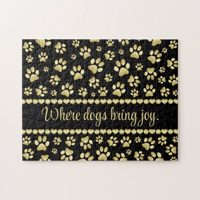 Golden Paw Prints on Black with Custom Name Pussel (Horisontell)