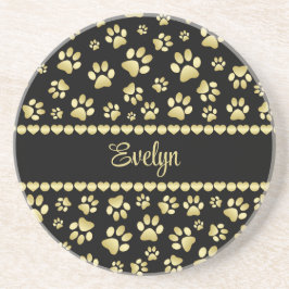 Golden Paw Prints on Black with Custom Name Underlägg