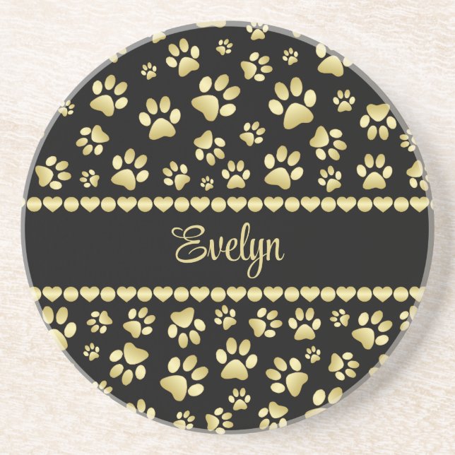 Golden Paw Prints on Black with Custom Name Underlägg (Framsidan)
