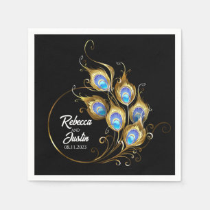 Golden Peacock Feather Black Modern Boho Pappersservett