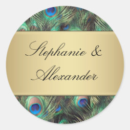 Golden Peacock Feather Bröllop kuvert Seal Runt Klistermärke