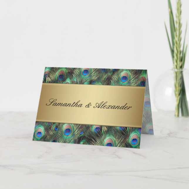 Golden Peacock Feather Folded Wedding bjudande Inbjudan (Framsida)