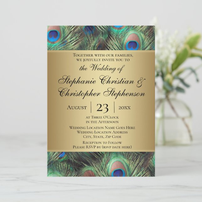 Golden Peacock Feather Wedding bjudande Inbjudningar (Stående Fram)