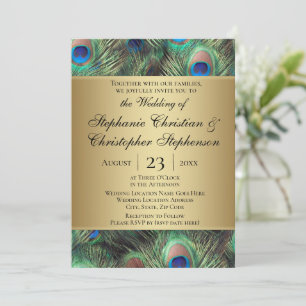 Golden Peacock Feather Wedding bjudande Inbjudningar