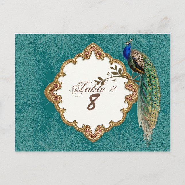 Golden Peacock & Swirls - Bordsnummer Cards (Framsida)