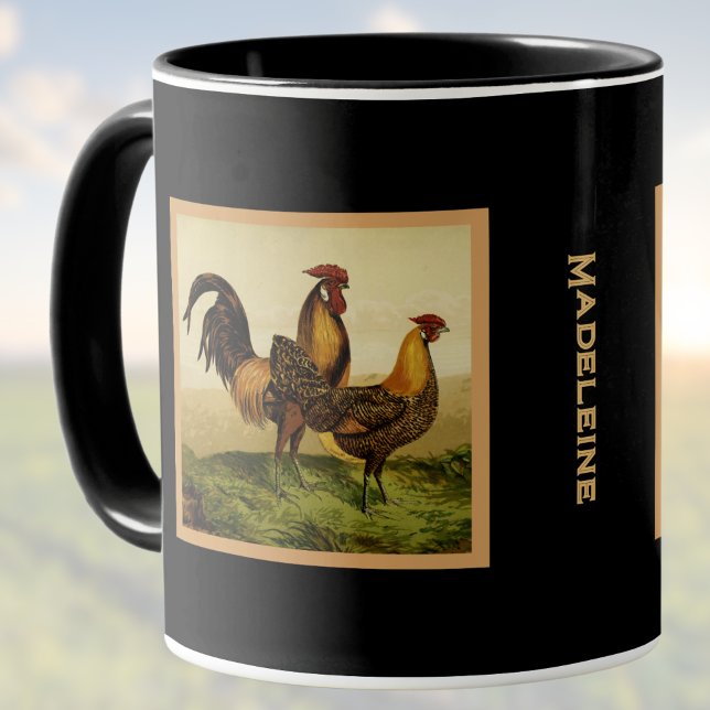 Golden Penciled Hamburg Roosters Black Monogram Mugg (Skapare uppladdad)