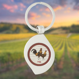 Golden Penciled Hamburg Roosters Maroon Monogram  Swirl Silverfärgad Nyckelring
