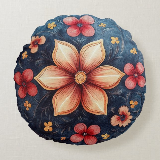 Golden Petal Medallion - Rund Blommigt Dekorativ k Rund Kudde (Framsidan)